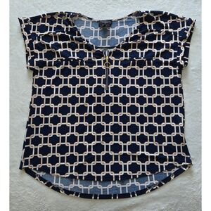 Flower & Feather Blouse Women XL Navy Blue Geometric Chain Link‎ Zipper